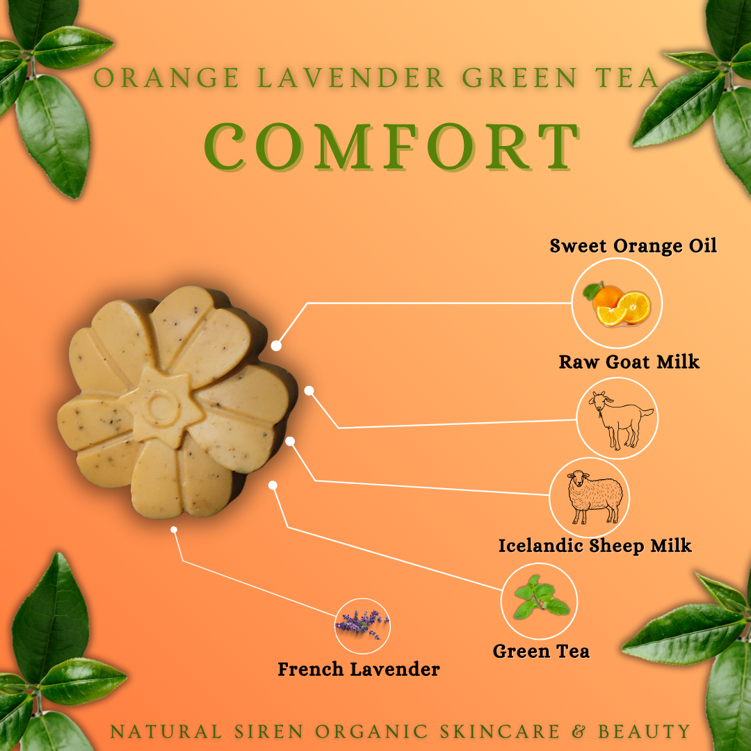 Product with ingredients labeled on an orange background, featuring green leaves.