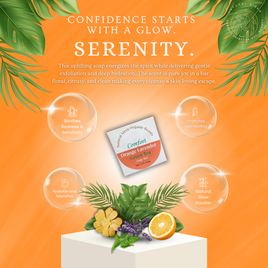 Serenity soap packaging with green leaves and citrus fruits on an orange background