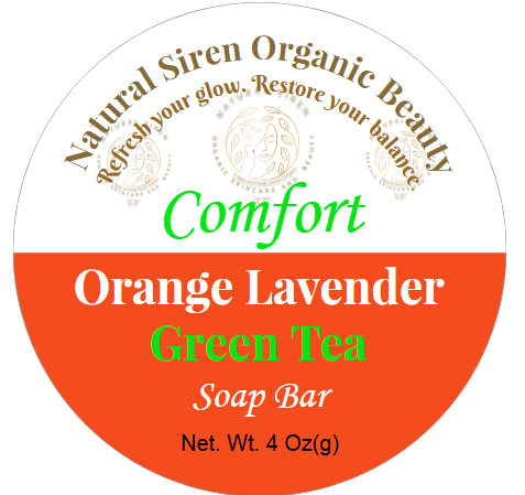 Label for a soap bar with 'Natural Siren Organic Beauty' branding and product details.